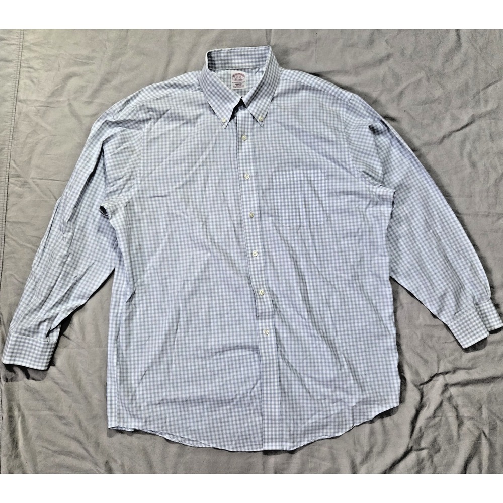 Brooks Brothers Shirt Mens Large 17-34 Blue White Plaid Non Iron Button Up